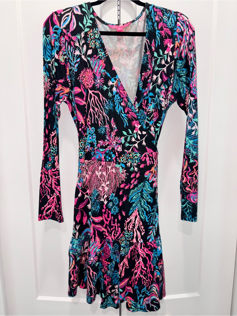Lilly Pulitzer Misha Wrap Romper Onyx Twilight Coral Long Sleeve XL